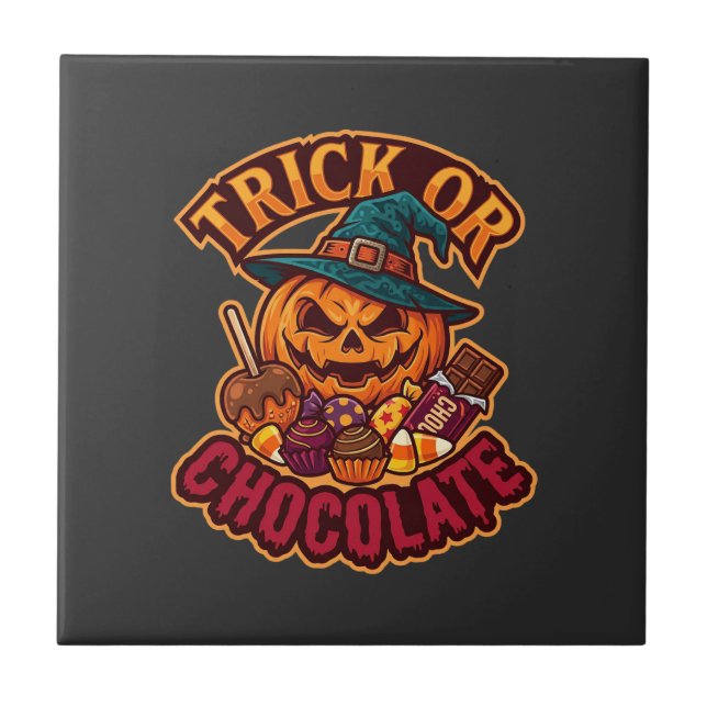 Trick Or Chocolate Halloween Pumpkin Witch Hat Can Ceramic Tile (Front)
