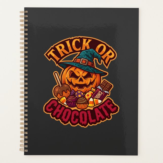 Trick Or Chocolate Halloween Pumpkin Witch Hat Can Planner (Front)