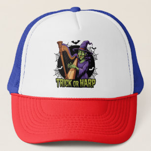 Trick Or Harp Spooky Witch Playing Harp Halloween Trucker Hat