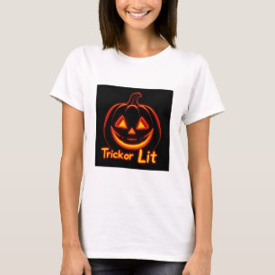 Trick or Lit – Neon Pumpkin Face Halloween T-Shirt