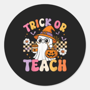 Trick Or Teach Cute Ghost Coffee Pumpkins Hallowee Classic Round Sticker