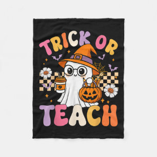 Trick Or Teach Cute Ghost Coffee Pumpkins Hallowee Fleece Blanket