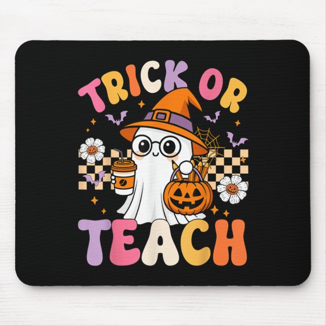 Trick Or Teach Cute Ghost Coffee Pumpkins Hallowee Mouse Pad (Front)