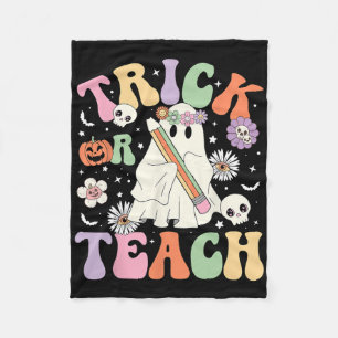Trick Or Teach Cute Teacher Halloween Retro Floral Fleece Blanket