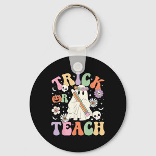Trick Or Teach Cute Teacher Halloween Retro Floral Key Ring