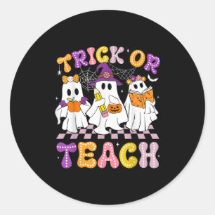 Trick Or Teach Groovy Floral Ghost Halloween Shirt Classic Round Sticker