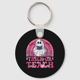 Trick Or Teach Groovy Halloween Retro Boo Ghost Te Key Ring
