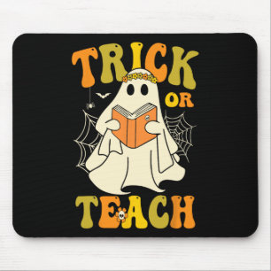 Trick Or Teach Groovy Halloween Retro Floral Ghost Mouse Pad