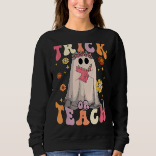 Trick Or Teach Groovy Halloween Retro Floral Ghost Sweatshirt
