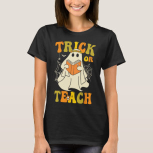 Trick Or Teach Groovy Halloween Retro Floral Ghost T-Shirt