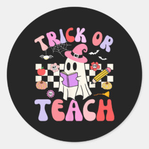 Trick Or Teach Groovy Teacher Halloween Retro Flor Classic Round Sticker