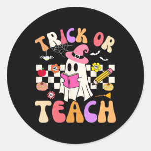 Trick Or Teach Groovy Teacher Halloween Retro Flor Classic Round Sticker