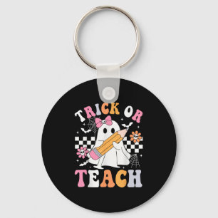 Trick Or Teach Groovy Teacher Halloween Retro Flor Key Ring