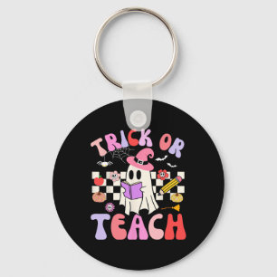 Trick Or Teach Groovy Teacher Halloween Retro Flor Key Ring