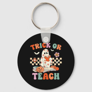 Trick Or Teach Groovy Teacher Halloween Retro Flor Key Ring
