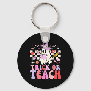 Trick Or Teach Groovy Teacher Halloween Retro Flor Key Ring