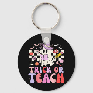 Trick Or Teach Groovy Teacher Halloween Retro Flor Key Ring