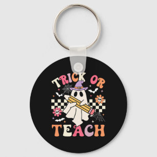 Trick Or Teach Groovy Teacher Halloween Retro Flor Key Ring