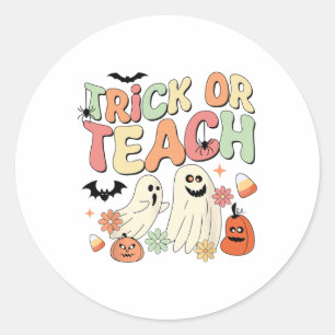 Trick Or Teach Halloween Teacher Groovy Retro Pump Classic Round Sticker