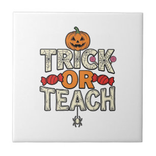 Trick Or Teach Halloween Teacher Vintage Vector De Ceramic Tile