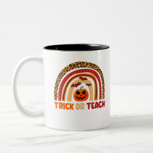 Trick Or Teach Leopard Rainbow Teacher Halloween C Two-Tone Coffee Mug
