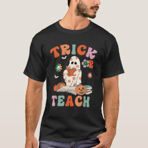 Trick Or Teach Retro Groovy Floral Ghost Teacher T-Shirt