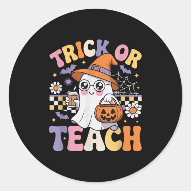 Trick Or Teach Teacher Groovy Ghost Funny Hallowee Classic Round Sticker (Front)