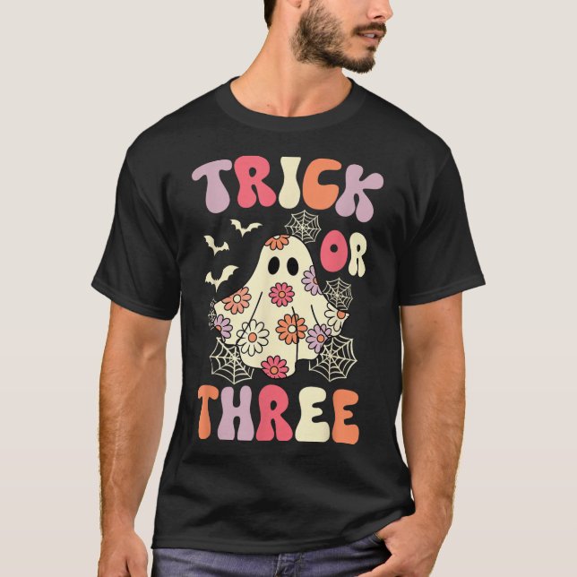 Trick Or Three 3 Years Old Birthday Groovy Ghost H T-Shirt (Front)