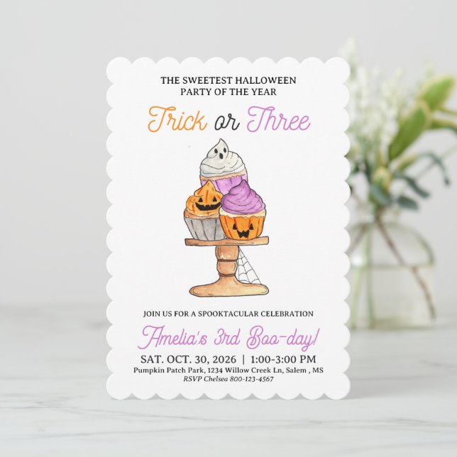 Trick or Three 3RD Birthday Halloween Party Invite (Standing Front)