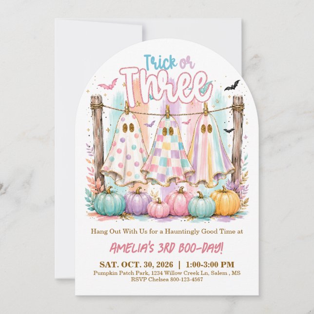 Trick or Three 3RD Birthday Halloween Party Invite (Front)