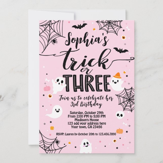 Trick or Three 3rd Birthday, Pink Halloween Invitation (Front)