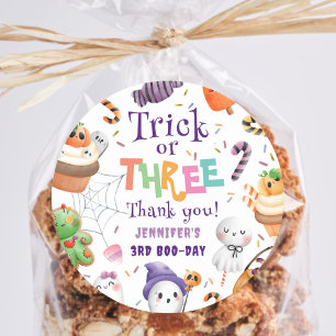 Trick or Three! Cute Purple Halloween 3rd Birthday Classic Round Sticker