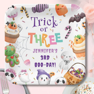 Trick or Three! Cute Purple Halloween 3rd Birthday Paper Plate