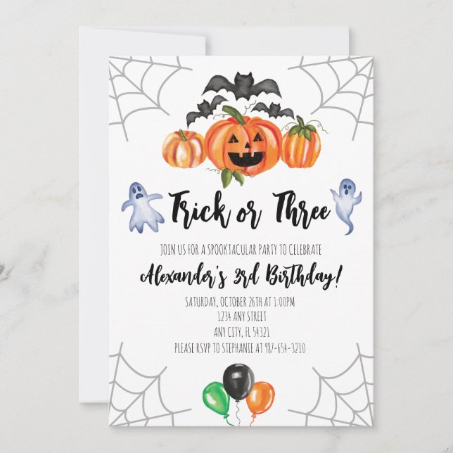Trick or Three Halloween 3rd Birthday Invitation (Front)