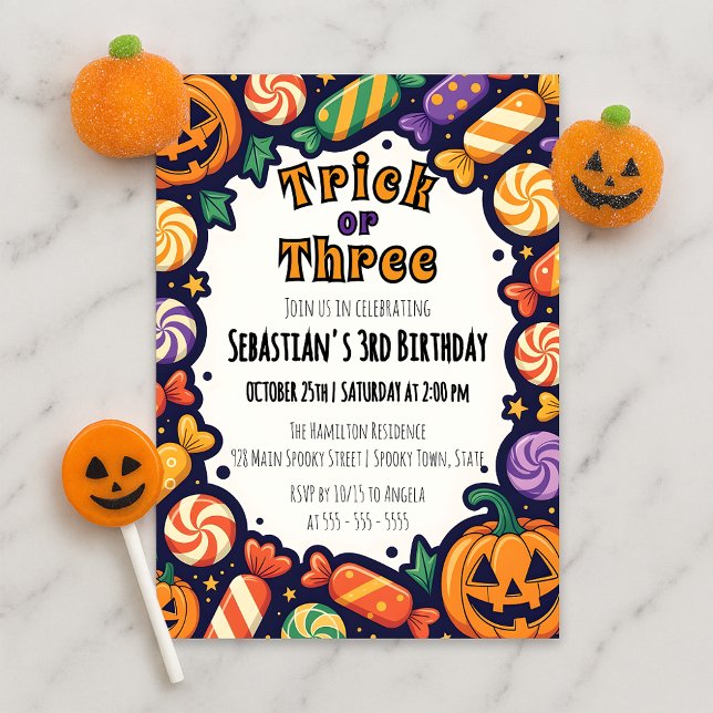Trick or Three Halloween 3rd Birthday Party Invitation (Creator Uploaded)