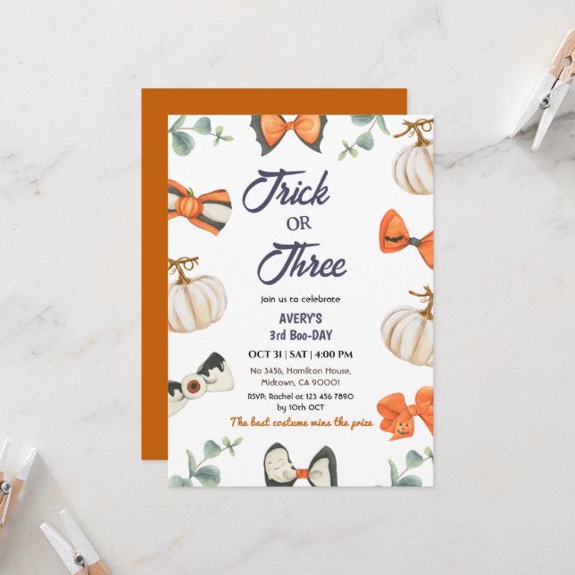 Trick or Three Halloween Birthday Pumpkin Bow cute Invitation (Front/Back In Situ)