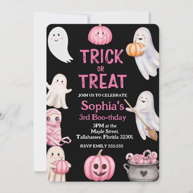 Trick Or Three Halloween Ghost 3rd Birthday Party Invitation (Front)