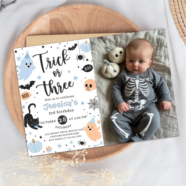 Trick Or Three Halloween Groovy Ghost 3rd Birthday Invitation (Creator Uploaded)