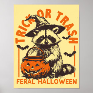 Trick or Trash Funny Racoon Halloween Vintage Poster