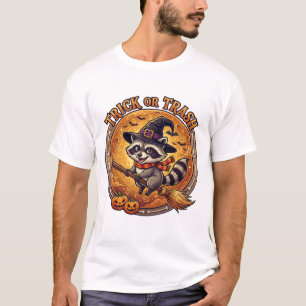 Trick Or Trash Racoon Witch Hat Broom Pumpkins T-Shirt