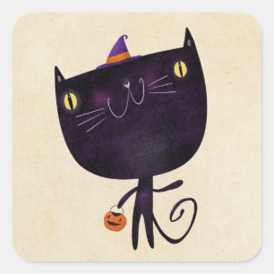 Trick or Treat Black Cat Cute Halloween Fall Square Sticker