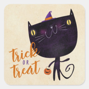 Trick or Treat Black Cat Cute Halloween Fall Square Sticker