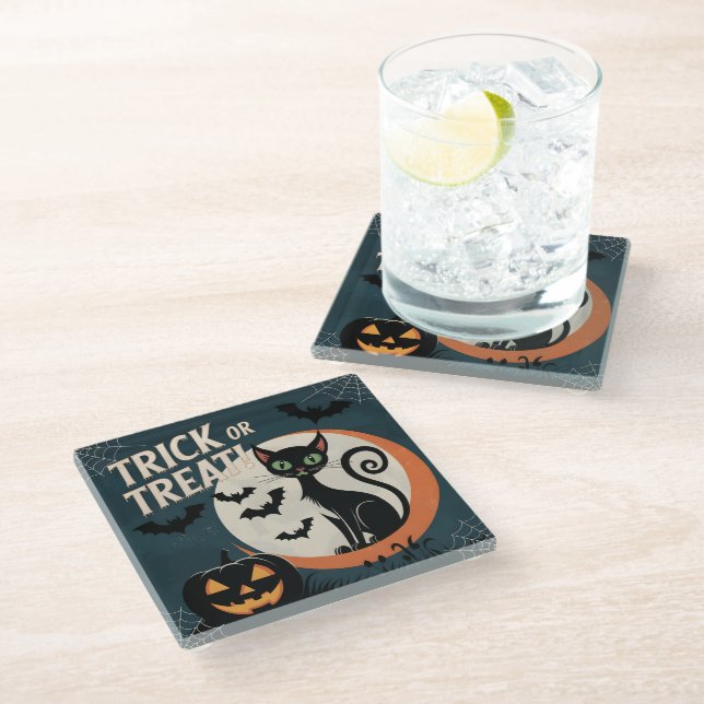 Trick or treat black cat glass coaster (Angled)