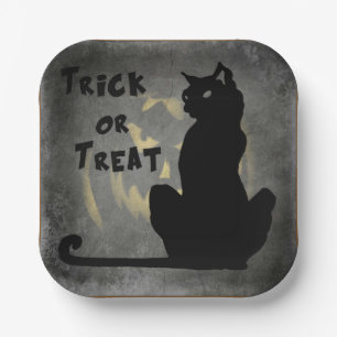 Trick or Treat Black Cat Halloween Paper Plate