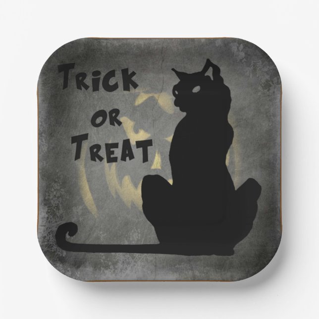 Trick or Treat Black Cat Halloween Paper Plate (Front)