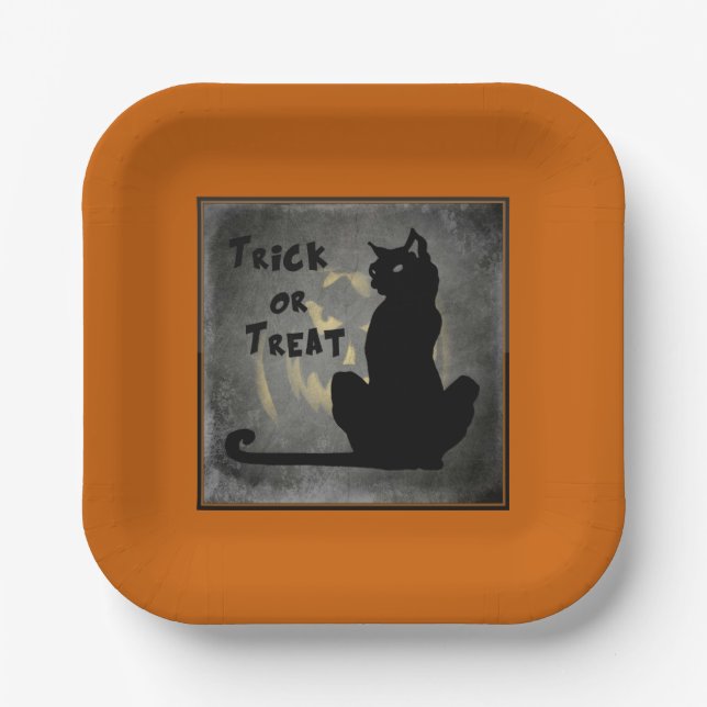 Trick or Treat Black Cat Halloween Paper Plate (Front)