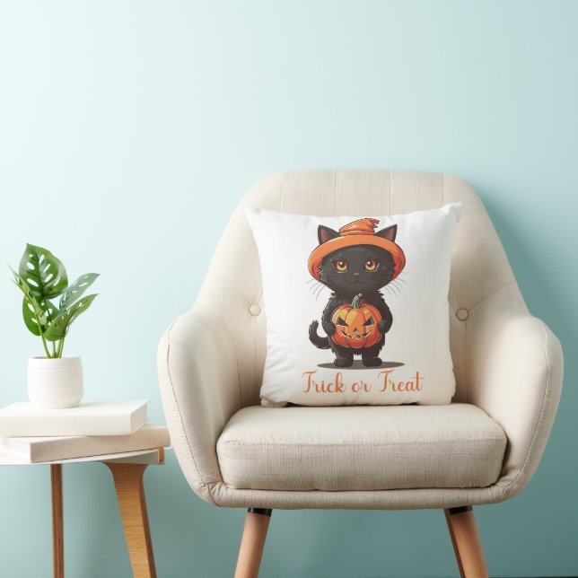 Trick or Treat Black Cat Jack-O' Lantern Halloween Cushion (Chair)