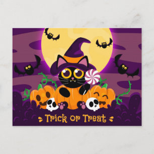 Trick or Treat Black Cat, Pumpkins, Skulls and Bat Postcard