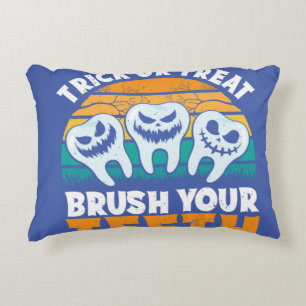 Trick Or Treat Brush Your Teeth Dentist Pun Hallow Decorative Cushion
