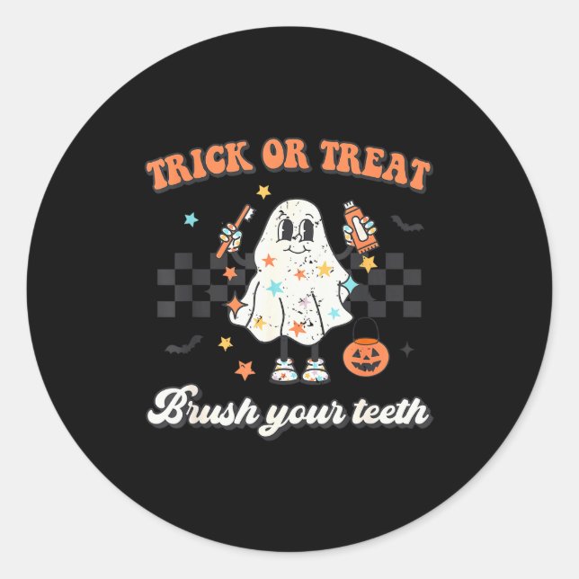 Trick Or Treat Brush Your Teeth Retro Halloween Cu Classic Round Sticker (Front)